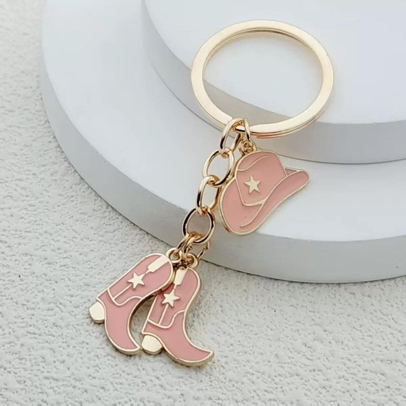 Cowgirl Hat & Boots Keychain, Western Bag Charm, Pink White Black Cowboy Key Ring, Rodeo Accessory, Country Girl Gift, Purse Charm