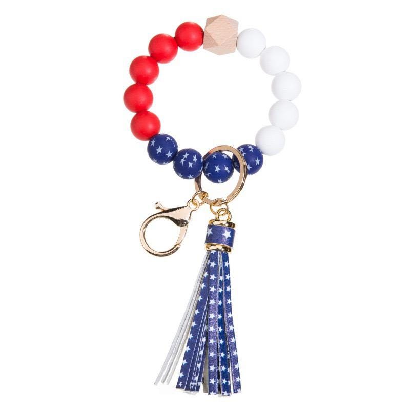 Patriotic Beaded Wristlet Keychain, American Flag Tassel Keychain, USA Wooden Bead Bracelet Key Ring, Fourth of July Accessory,