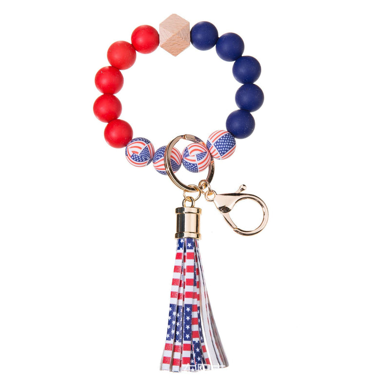 Patriotic Beaded Wristlet Keychain, American Flag Tassel Keychain, USA Wooden Bead Bracelet Key Ring, Fourth of July Accessory,