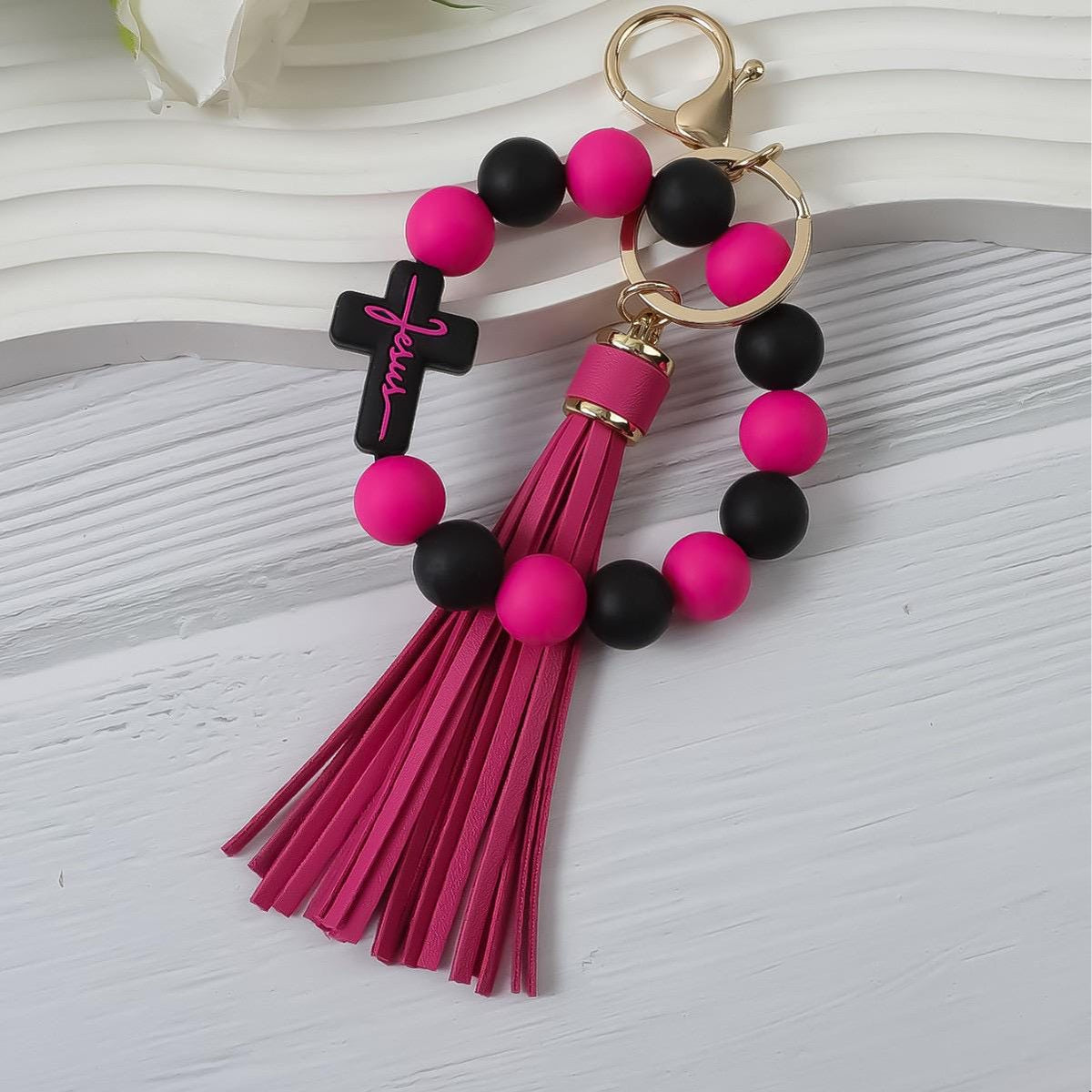 Christian Cross Beaded Wristlet Keychain, Faith Tassel Keychain, Jesus Cross Bracelet Key Ring, Inspirational Christian Gift,