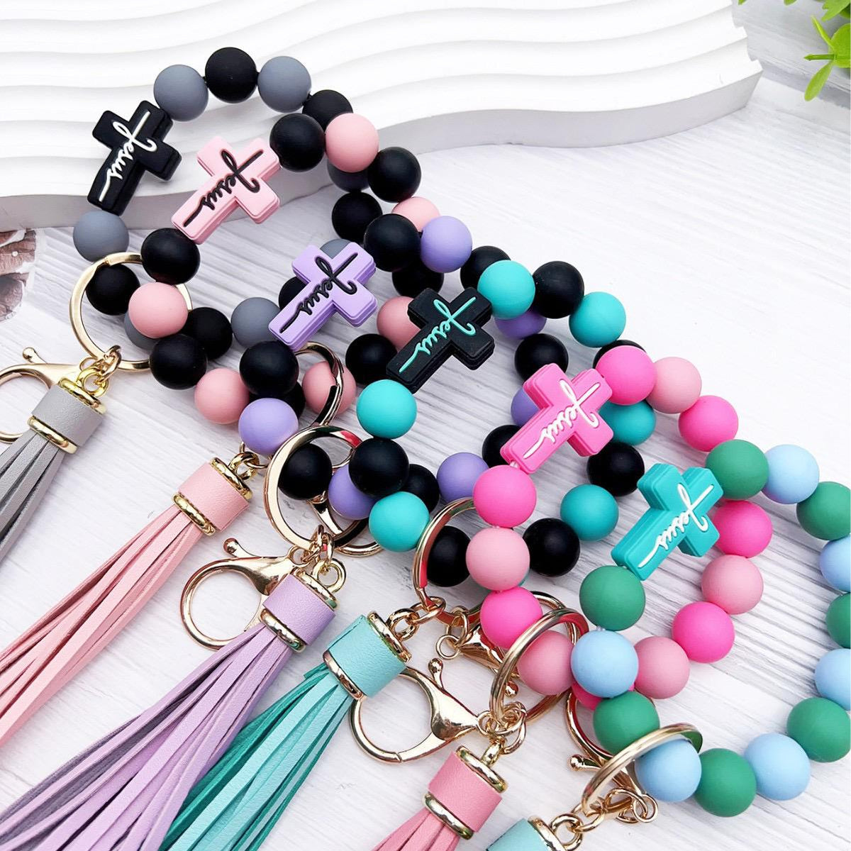 Christian Cross Beaded Wristlet Keychain, Faith Tassel Keychain, Jesus Cross Bracelet Key Ring, Inspirational Christian Gift,