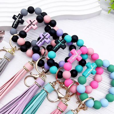 Christian Cross Beaded Wristlet Keychain, Faith Tassel Keychain, Jesus Cross Bracelet Key Ring, Inspirational Christian Gift,