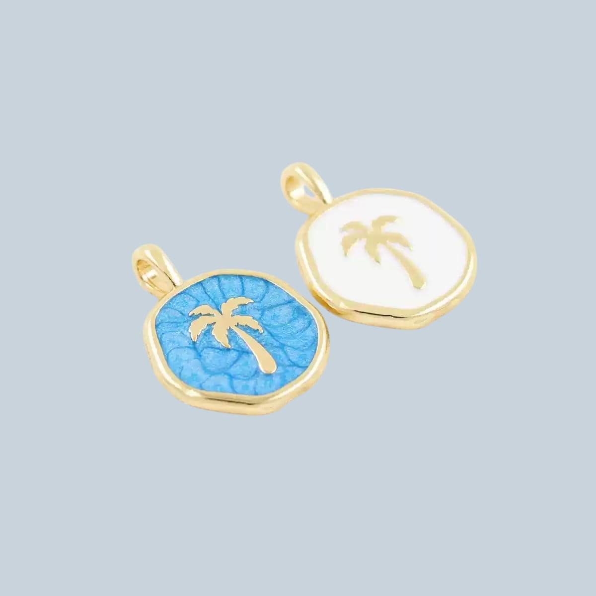 Palm Tree Enamel Charm Pendant, Tropical Beach Charm, Gold Palm Pendant, Coastal Summer Jewelry, Blue White Palm Charm