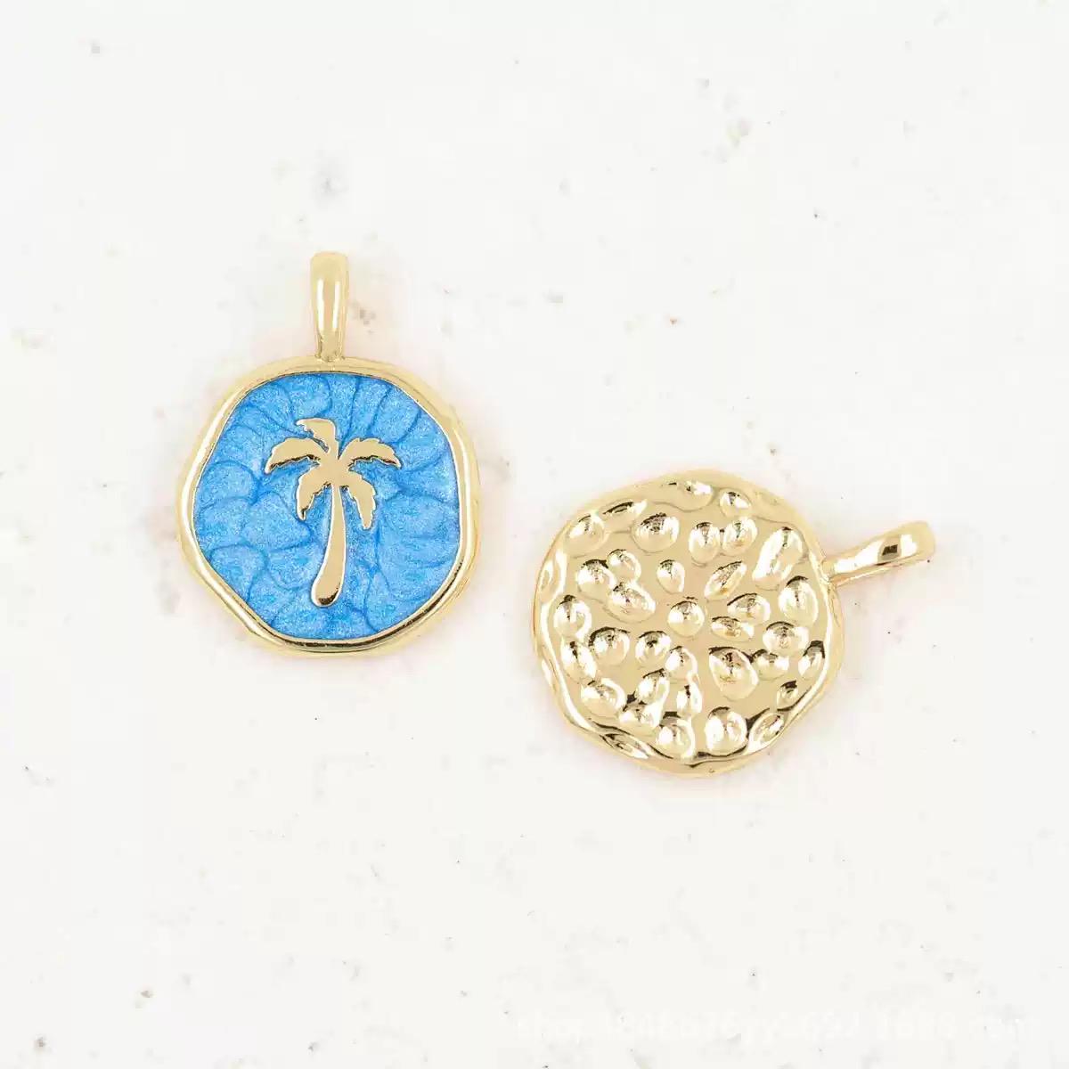Palm Tree Enamel Charm Pendant, Tropical Beach Charm, Gold Palm Pendant, Coastal Summer Jewelry, Blue White Palm Charm