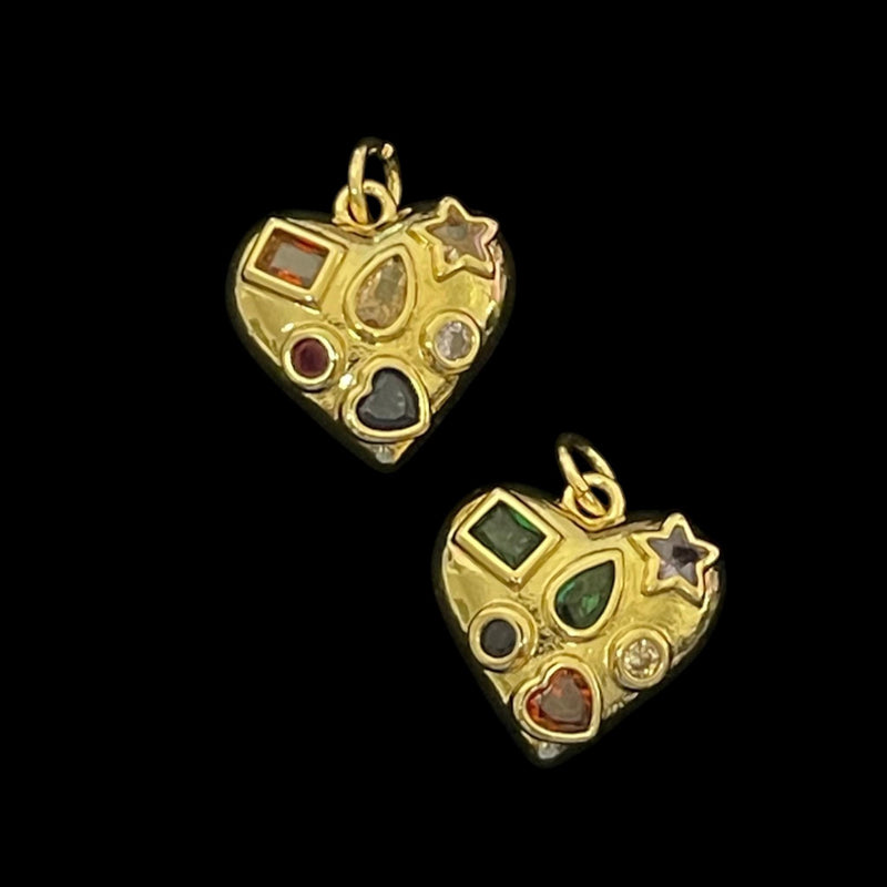 Gold Gem Heart Charm Pendant, Colorful Crystal Heart Charm, Vintage Inspired Heart Pendant, Gold Plated Jewelry Charm, DIY Necklace Charm