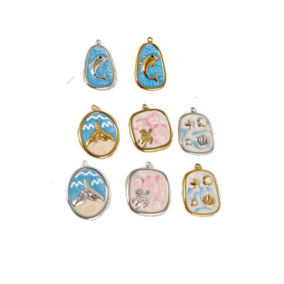 Coastal Ocean Charm Pendant Collection, Dolphin Turtle Starfish Shell Charm, Enamel Beach Pendant, Gold & Silver Ocean Jewelry Charm
