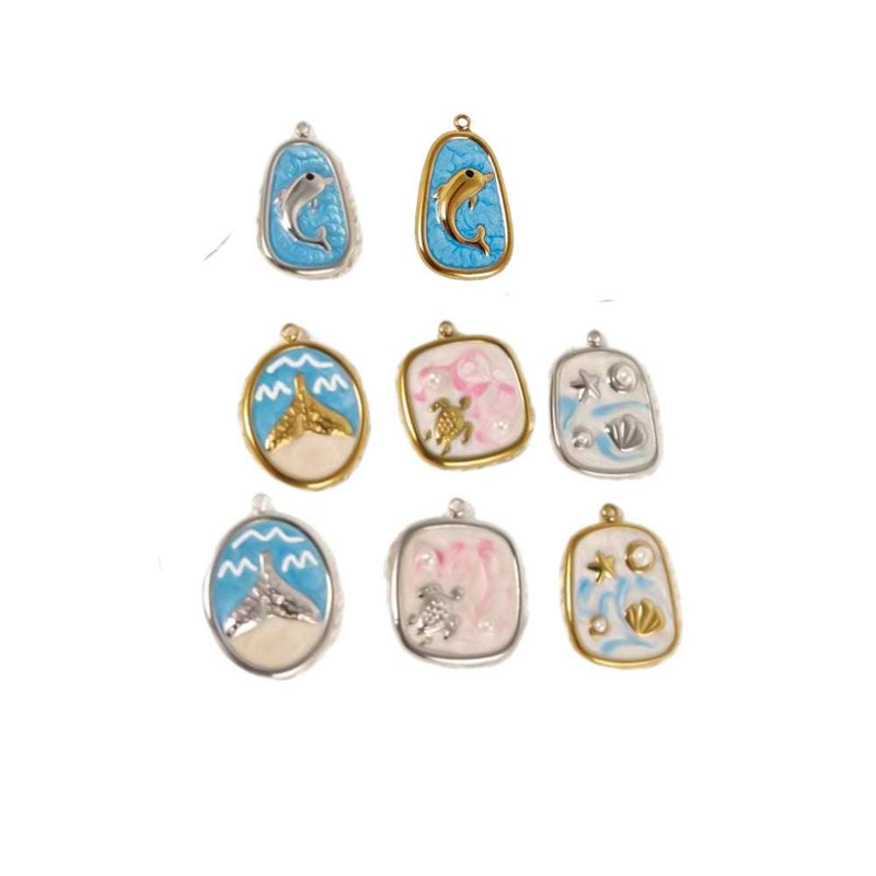 Coastal Ocean Charm Pendant Collection, Dolphin Turtle Starfish Shell Charm, Enamel Beach Pendant, Gold & Silver Ocean Jewelry Charm