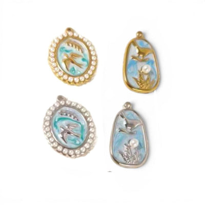 Coastal Bird Charm Pendant Set, Seagull Ocean Charm, Pearl Beach Pendant, Enamel Coastal Jewelry Charm,