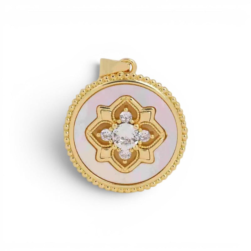 Round Floral Medallion Pendant Charm, Gold & Silver CZ Charm, Vintage Inspired Jewelry Pendant, Mother of Pearl Statement Charm