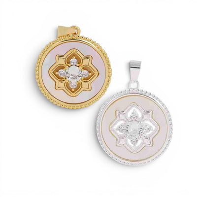 Round Floral Medallion Pendant Charm, Gold & Silver CZ Charm, Vintage Inspired Jewelry Pendant, Mother of Pearl Statement Charm