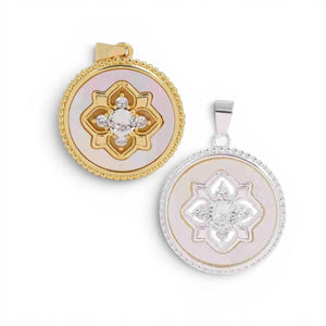 Round Floral Medallion Pendant Charm, Gold & Silver CZ Charm, Vintage Inspired Jewelry Pendant, Mother of Pearl Statement Charm