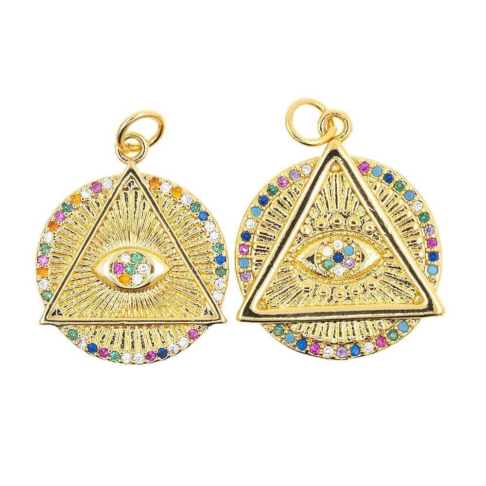 Rainbow Evil Eye Triangle Charm Pendant, Gold Mystic Eye Pendant, Colorful CZ Charm, Spiritual Jewelry Supply, Boho Necklace Charm