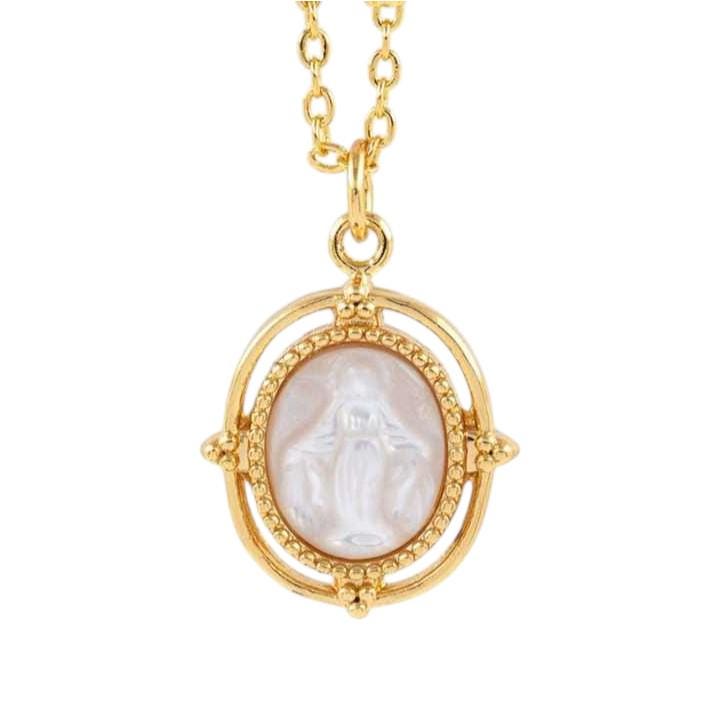Natural Shell Virgin Mary Pendant, Gold Pearl Religious Charm, Mother of Pearl Catholic Medal, Spiritual Jewelry Pendant