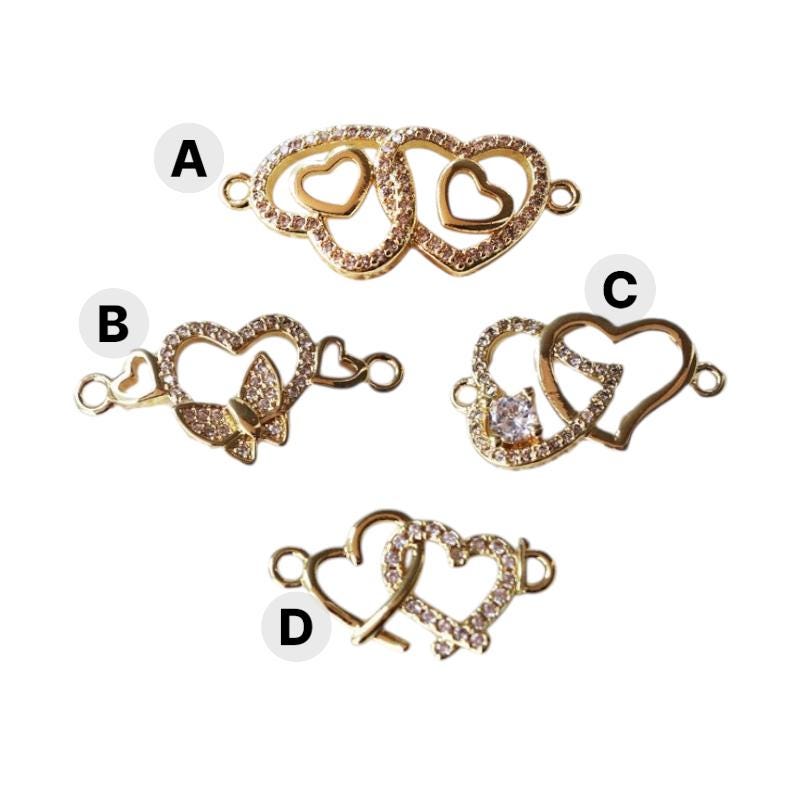 Gold Heart Connector Charm, CZ Double Heart Link, Butterfly Heart Connector, Crystal HearT, Bracelet Connector, Necklace Link