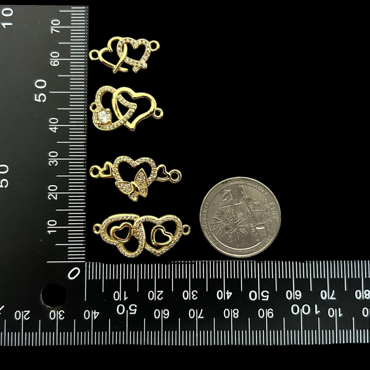 Gold Heart Connector Charm, CZ Double Heart Link, Butterfly Heart Connector, Crystal HearT, Bracelet Connector, Necklace Link