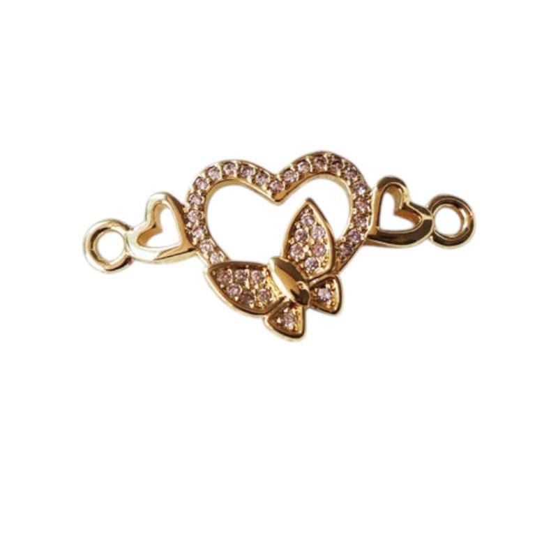 Gold Heart Connector Charm, CZ Double Heart Link, Butterfly Heart Connector, Crystal HearT, Bracelet Connector, Necklace Link