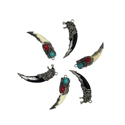 Wolf Fang Pendant Charm, Tribal Tooth Pendant, Viking Wolf Necklace Charm, Turquoise Red Stone Tusk Pendant