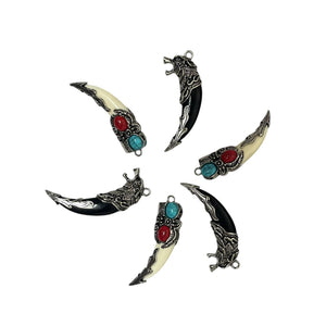 Wolf Fang Pendant Charm, Tribal Tooth Pendant, Viking Wolf Necklace Charm, Turquoise Red Stone Tusk Pendant