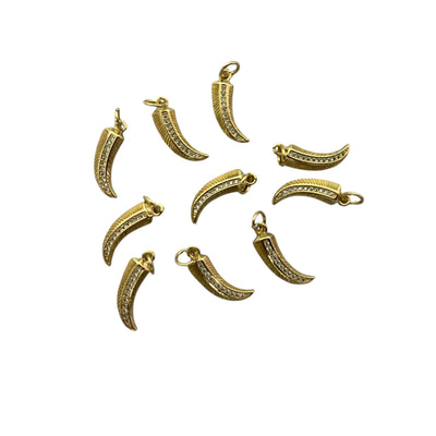 Gold CZ Horn Pendant Charm, Curved Tusk Charm, Micro Pave Crystal Horn Pendant, Boho Jewelry Supply, Gold Fang Pendant