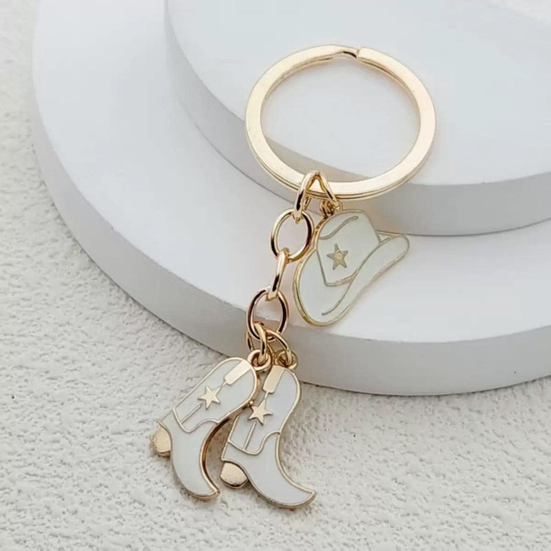 Cowgirl Hat & Boots Keychain, Western Bag Charm, Pink White Black Cowboy Key Ring, Rodeo Accessory, Country Girl Gift, Purse Charm