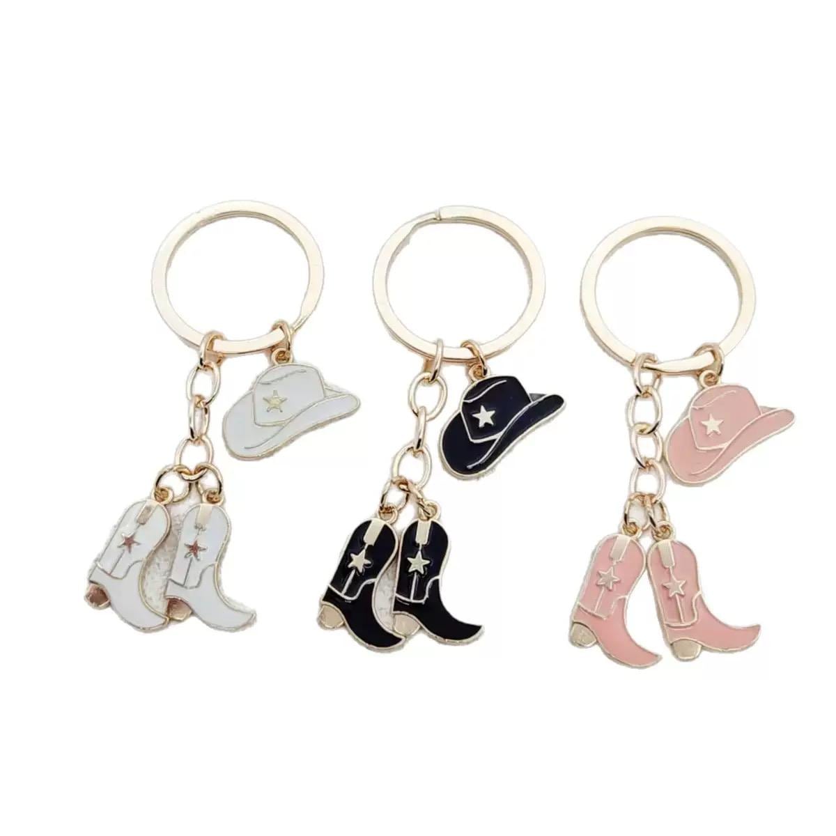 Cowgirl Hat & Boots Keychain, Western Bag Charm, Pink White Black Cowboy Key Ring, Rodeo Accessory, Country Girl Gift, Purse Charm