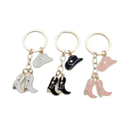 Cowgirl Hat & Boots Keychain, Western Bag Charm, Pink White Black Cowboy Key Ring, Rodeo Accessory, Country Girl Gift, Purse Charm
