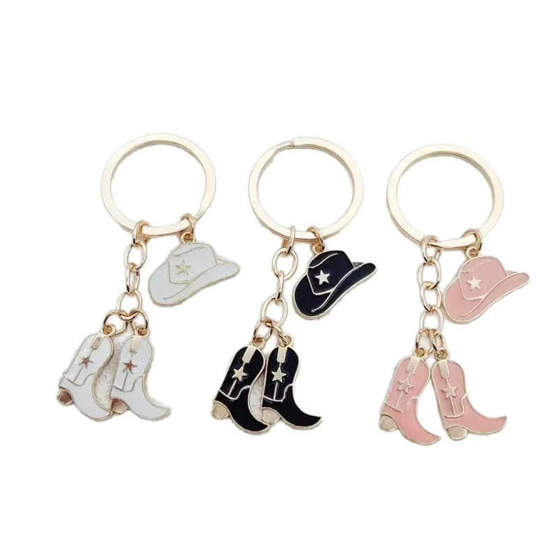 Cowgirl Hat & Boots Keychain, Western Bag Charm, Pink White Black Cowboy Key Ring, Rodeo Accessory, Country Girl Gift, Purse Charm