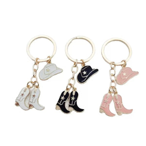 Cowgirl Hat & Boots Keychain, Western Bag Charm, Pink White Black Cowboy Key Ring, Rodeo Accessory, Country Girl Gift, Purse Charm