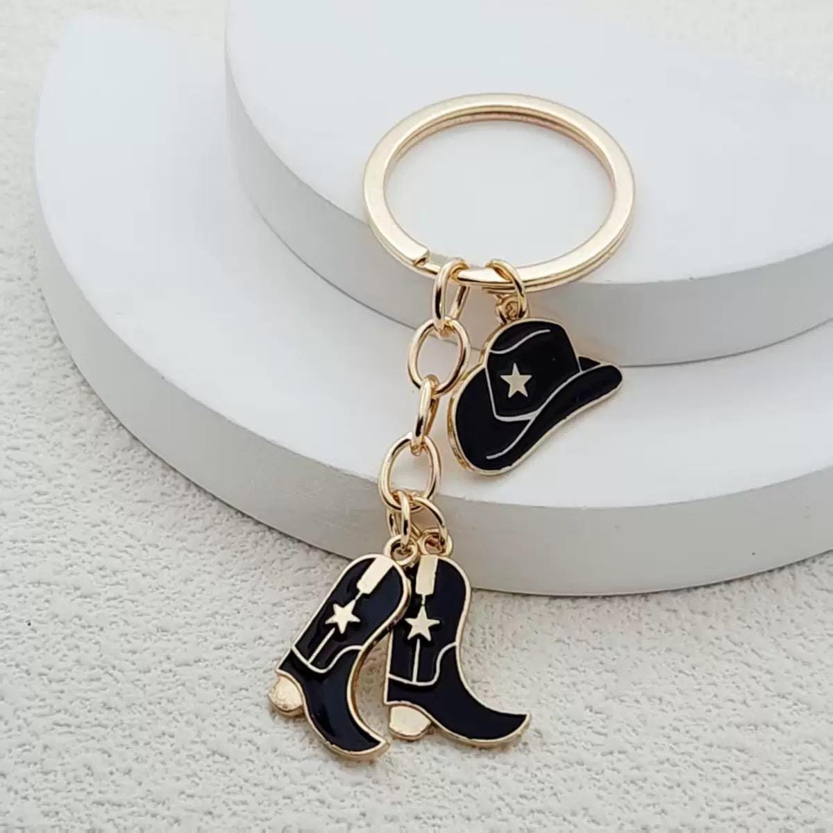 Cowgirl Hat & Boots Keychain, Western Bag Charm, Pink White Black Cowboy Key Ring, Rodeo Accessory, Country Girl Gift, Purse Charm