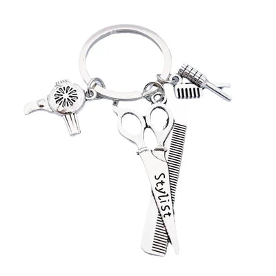 Hair Stylist Keychain, Hairdresser Bag Charm, Salon Professional Gift, Scissors Comb Blow Dryer Key Ring, Cosmetologist Accessory