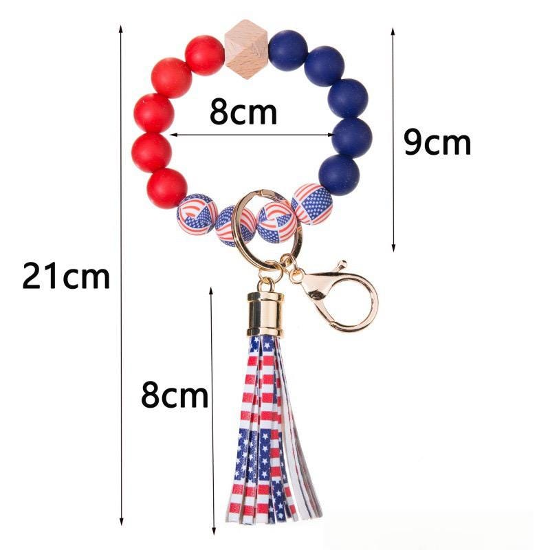 Patriotic Beaded Wristlet Keychain, American Flag Tassel Keychain, USA Wooden Bead Bracelet Key Ring, Fourth of July Accessory,