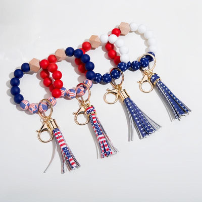 Patriotic Beaded Wristlet Keychain, American Flag Tassel Keychain, USA Wooden Bead Bracelet Key Ring, Fourth of July Accessory,