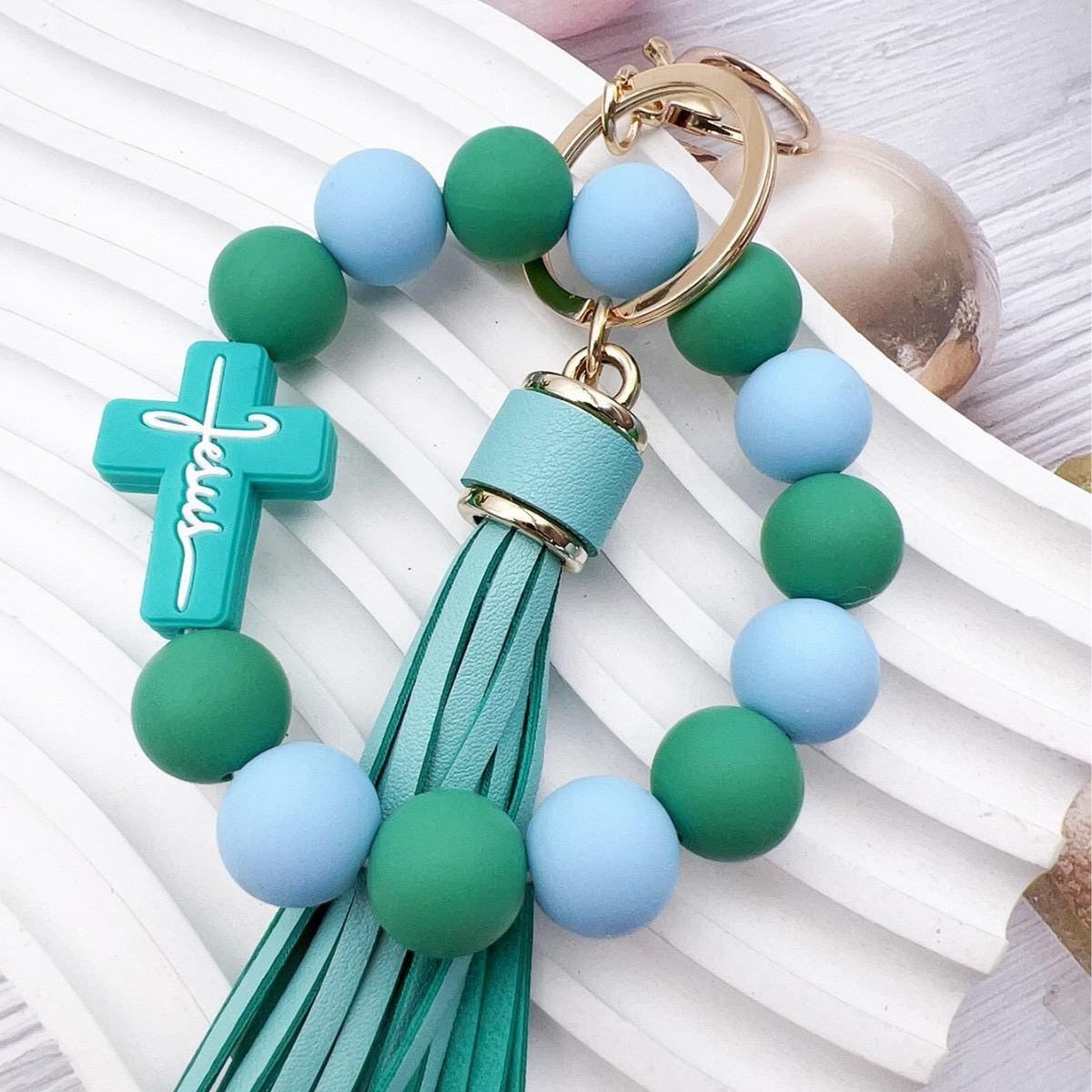 Christian Cross Beaded Wristlet Keychain, Faith Tassel Keychain, Jesus Cross Bracelet Key Ring, Inspirational Christian Gift,