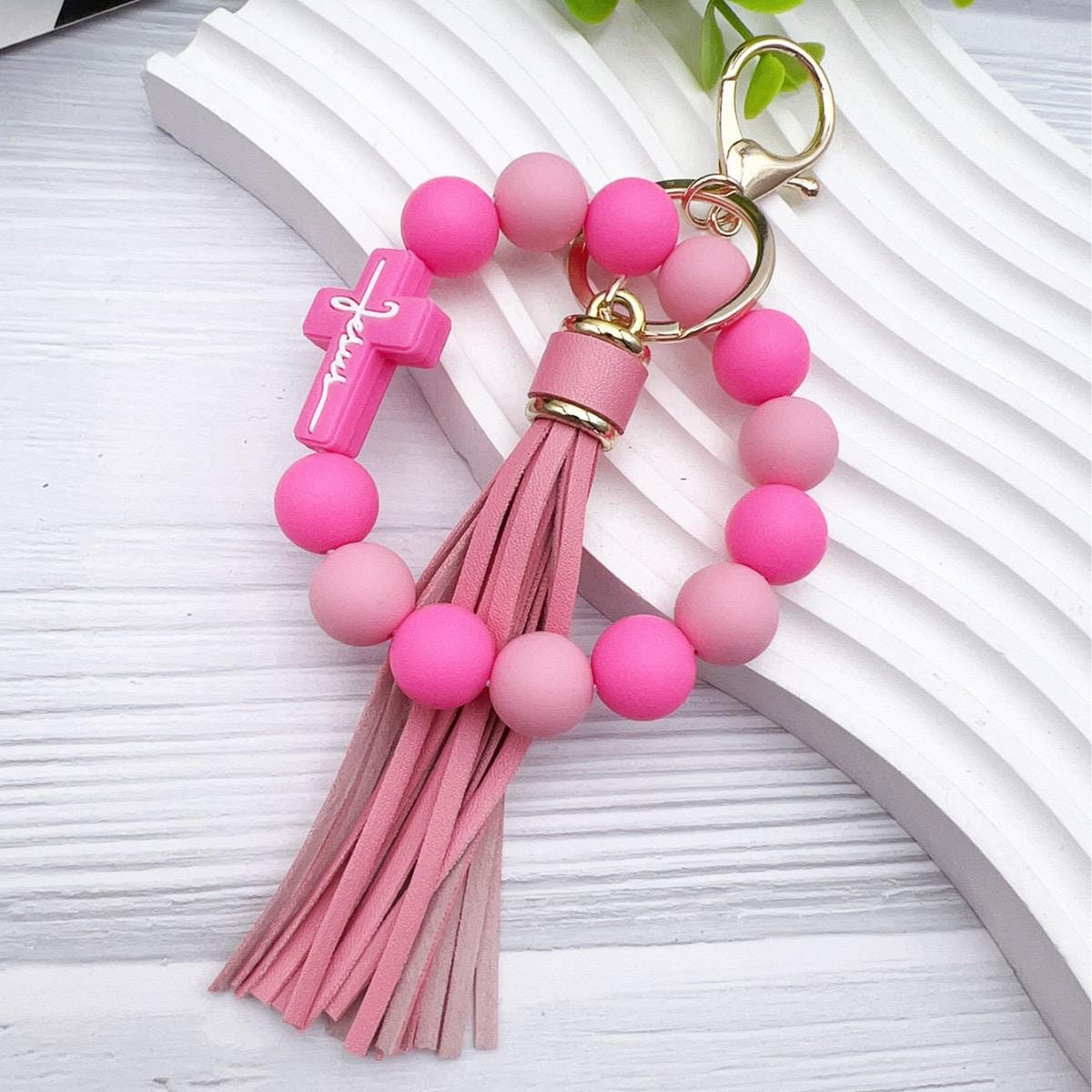 Christian Cross Beaded Wristlet Keychain, Faith Tassel Keychain, Jesus Cross Bracelet Key Ring, Inspirational Christian Gift,