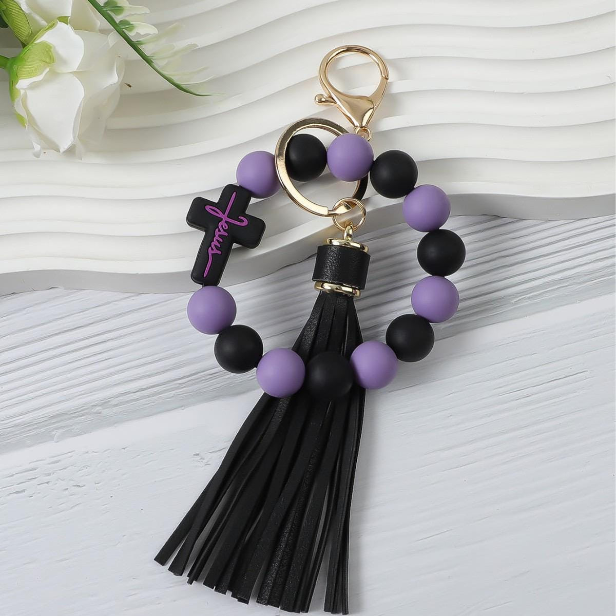 Christian Cross Beaded Wristlet Keychain, Faith Tassel Keychain, Jesus Cross Bracelet Key Ring, Inspirational Christian Gift,