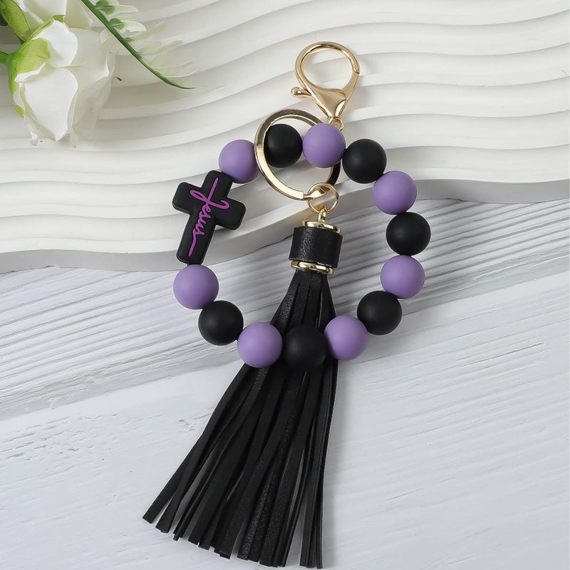 Christian Cross Beaded Wristlet Keychain, Faith Tassel Keychain, Jesus Cross Bracelet Key Ring, Inspirational Christian Gift,